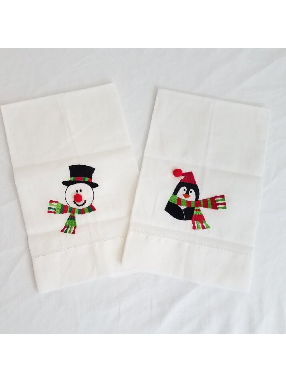 2 Christmas Embroidered Hand Towels Linen Blend Snowman Penguin Poms 22x14